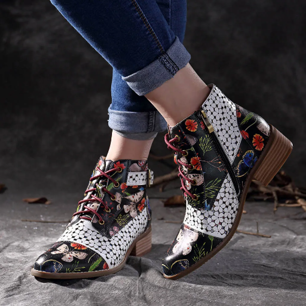 

Winter Women Boots Fashion Ink Painting Flower Print Low Square Heel Ankle Boots Lace-Up Zipper Stitching Leather Short Boots