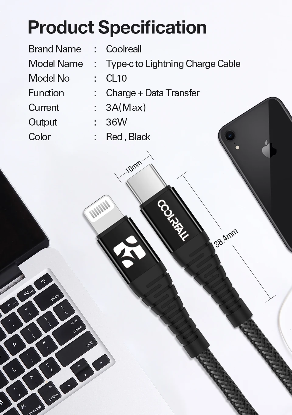 Coolreall PD USB C to Lightning Cable Fast Charging 36W MFi Certified C94 For iPhone X XS XR 8Plus MAX iPad Pro Macbook USB Cord