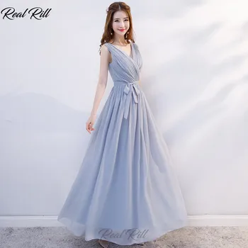 

Real Rill V-Neck Bridesmaid Dresses Lace Up Back Pleated Floor Length Chiffon A-Line Wedding Guest Dress Vestidos De Festa