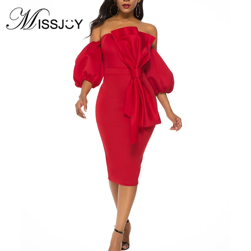 MISSJOY вечерние женские платья Летние Элегантные рукава-фонарики бодикон сплошной цвет пэтчворк бант без бретелек сексуальные тонкие