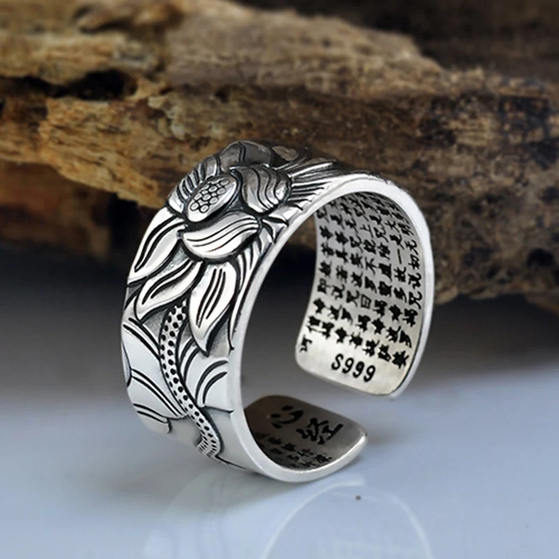 

99 Silver Lotus Ring with Heart Sutra Adjustable Open End Finger Ring Jewelry Gifts P666