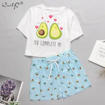 

Summer Women Sleepwear Cartoon Print Tshirt And Heart Elastic Waist Shorts Casual Pajama Set Round Neck Short Sleeve Home Wear