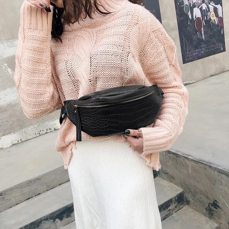 NEW-Crocodile Pattern Pu Leather Waist Bags For Women Solid Color Funny Packs Ladies Belt Bags For Phone Female Funny Pack(Black