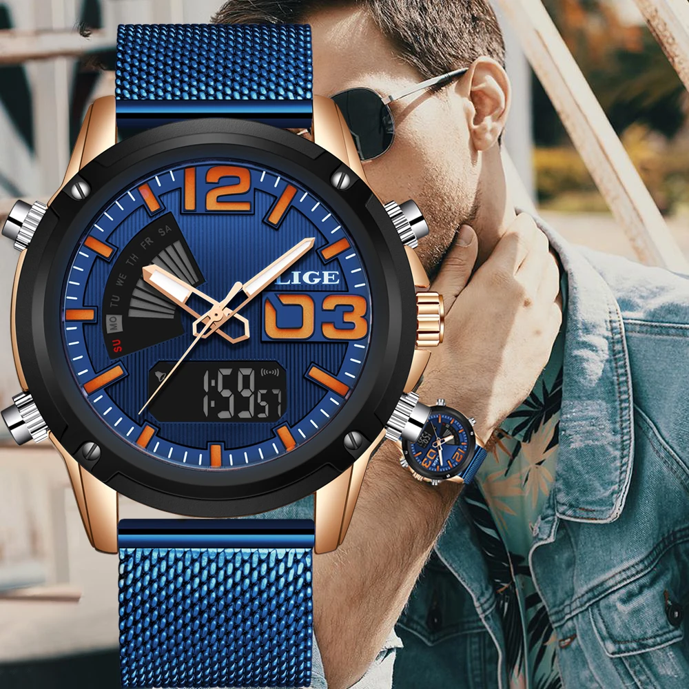 

2019 New LIGE Men Military Sport Wrist Watch Gold Quartz Steel Waterproof Dual Display Male Clock Watches Relogio Masculino+Box