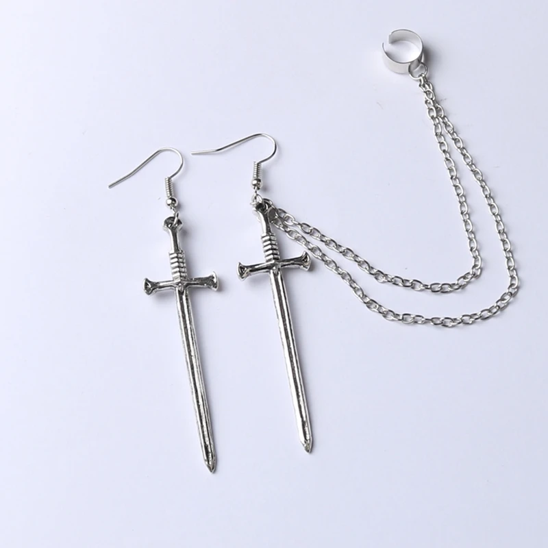 Sword Chains Ear-Cuff Dagger-Punk Gothic Jewelry Silver-Plated Cool with Earring Vampire