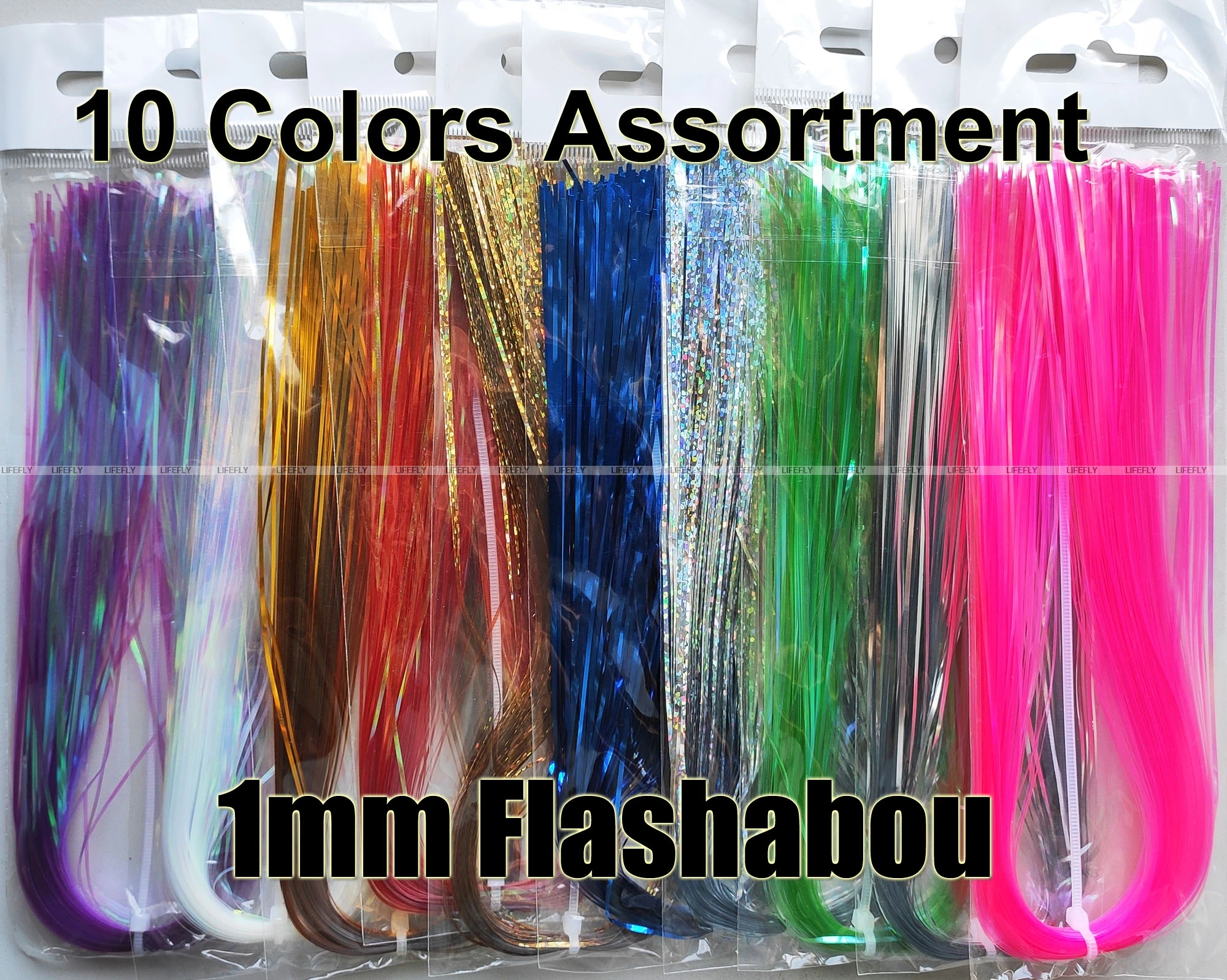 10 Colors, 10 Packs Magnum Flashabou, 1mm Tinsel, Fly Tying Jig Lure
