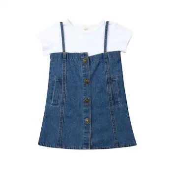 

1-4T 2019 Baby Summer Clothing Toddler Kid Baby Girl Clothes Skirts Outfit 2PCS Cotton Shirt Denim Strap Dress Overalls Clothes