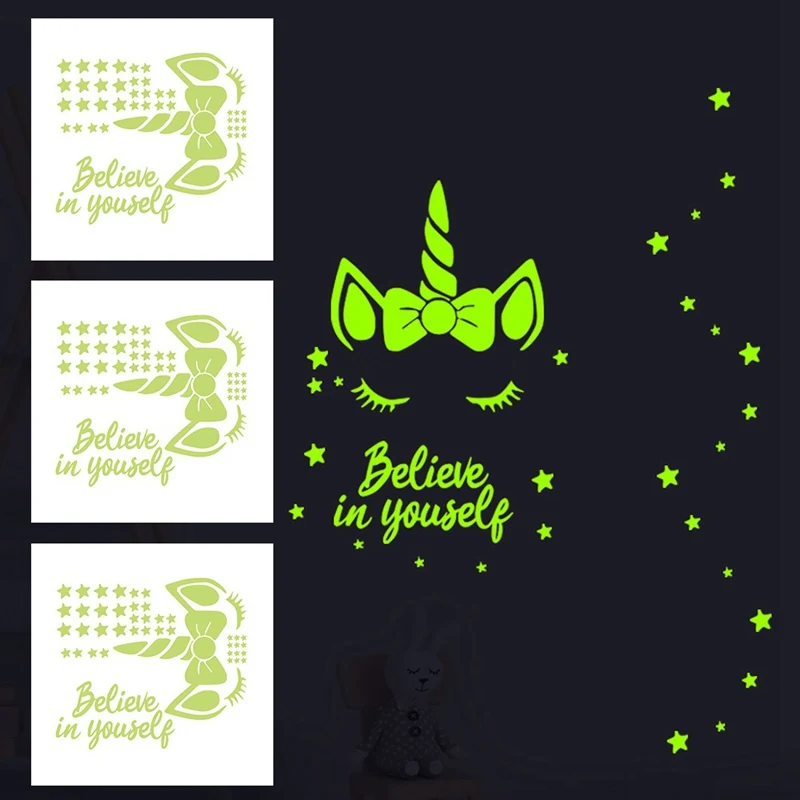 Belive In Yourself Luminous Stickers Cartoon Unicorn Horse Living Room Bedroom Bathroom Fluorescent Wall Sticker Gift For Kids