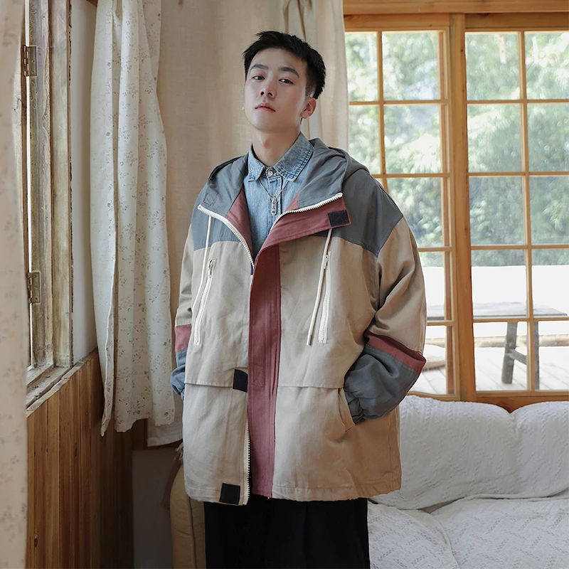 

Loose Cargo Jackets and Hoodie Windbreakers for Mens Fall Clothing Patchwork and Contrast Color Trench Coats Harajuku Streetwear