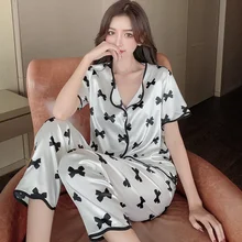 Silk Pajamas Long-sleeved Bowknot Cardigan Pyjamas Loose Home Wear Loungewear Women Sleepwear Pajamas for Women Pajama Sets