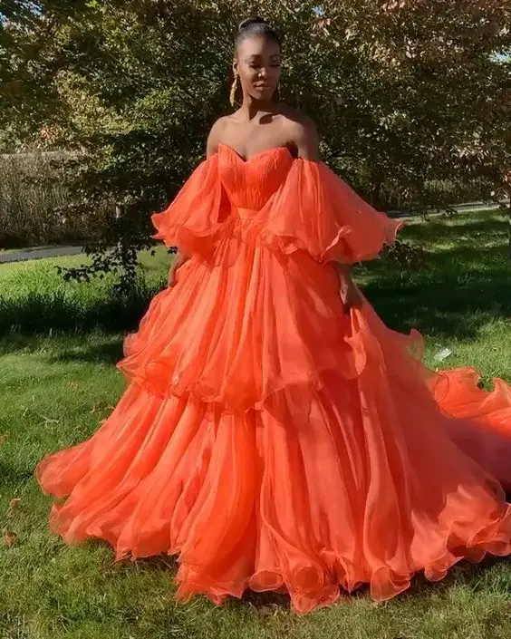 Оранжевые платья для выпускного вечера с открытыми плечами с большим рукавом Многоуровневое элегантное Пышное Бальное Платье африканская вечерняя одежда Vestidos robe de soiree gala - Цвет: Оранжевый