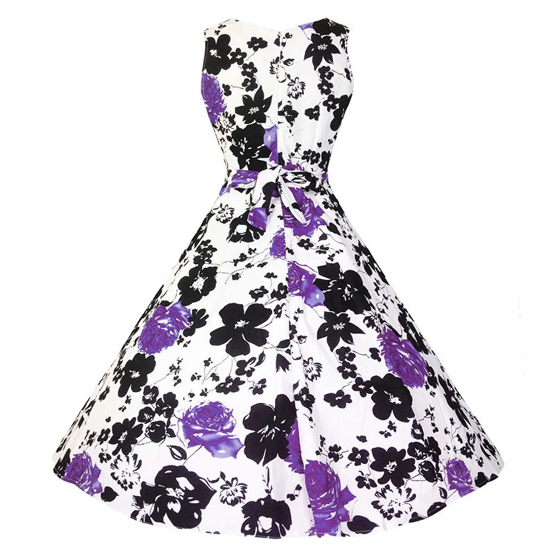 Kostlish Cotton Summer Dress Women 2017 Sleeveless Tunic 50s Vintage Dress Belt Elegant Print Rockabilly Party Dresses Sundress (90)