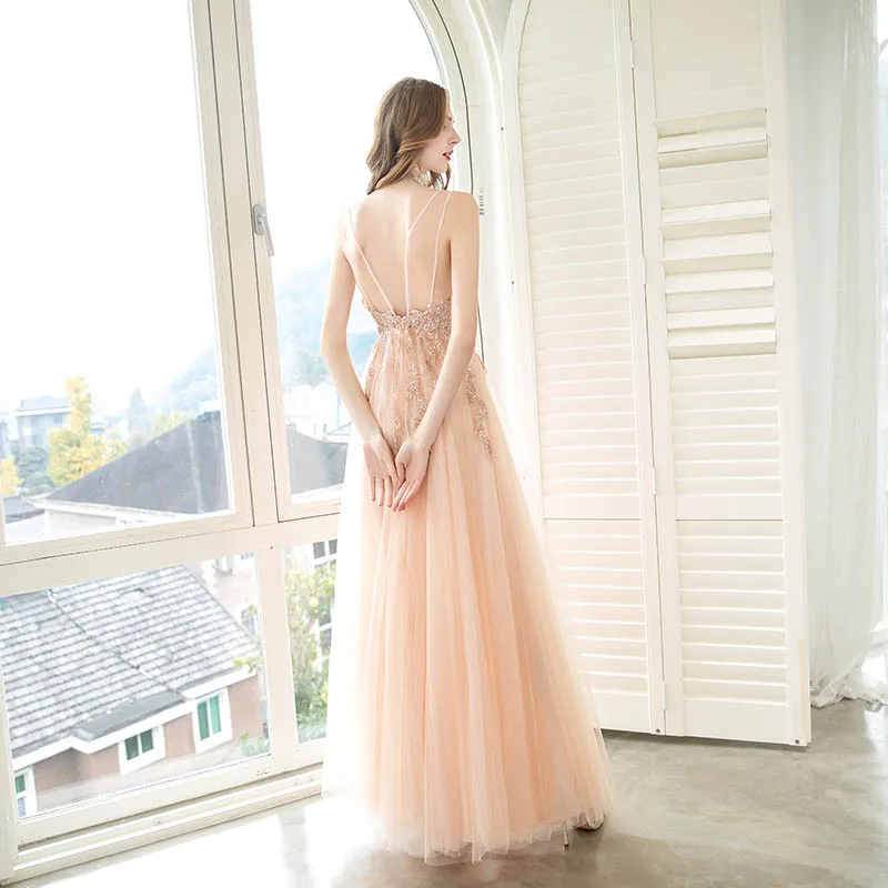 Sexy Blush Pink Long Prom Dresses Spaghetti Straps Glitter Tulle Sequined Beads Backless Evening Gowns YQLNNE