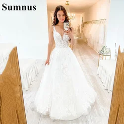 Sumnus Boho Backless Wedding Dress Deep V Neck Lace Appliques Sleeveless Beach Wedding Dress Bridal Gown Robe de mariee 2022