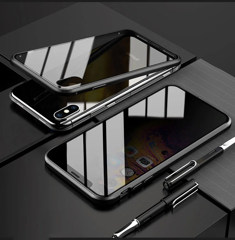 Black Магнитный чехол из закаленного стекла для iPhone 8, 7, 6 Plus, X, XS, XR, Max, 6 S, защита для экрана с металлической адсорбцией - Цвет: Black