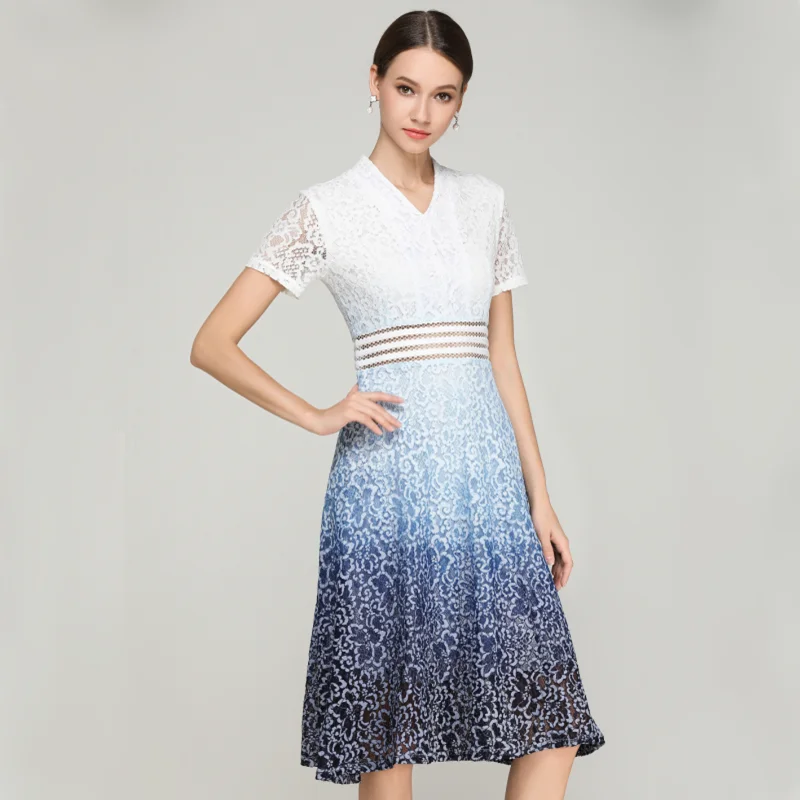 HAMALIEL Vestidos, Летнее белое синее лоскутное кружевное платье, Подиумные женские сексуальные винтажные платья с коротким рукавом и v-образным вырезом