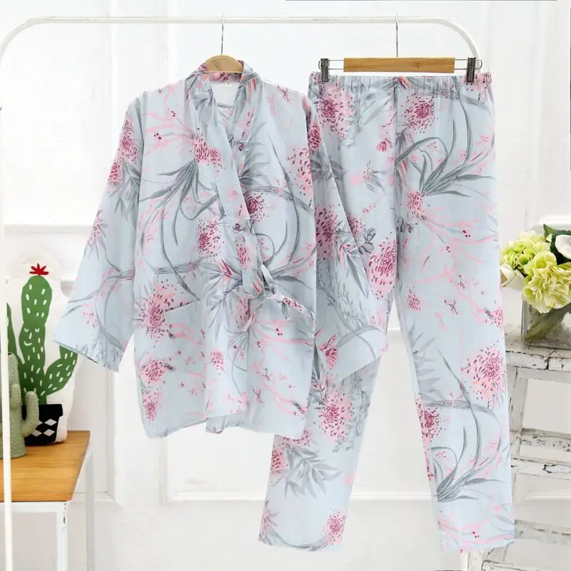 Женские пижамы с принтом, штаны, весна-осень, пижамный комплект для женщин, комплект для сна, ночное кимоно, пижамы для ванной, женский набор длинных брюк, Халат