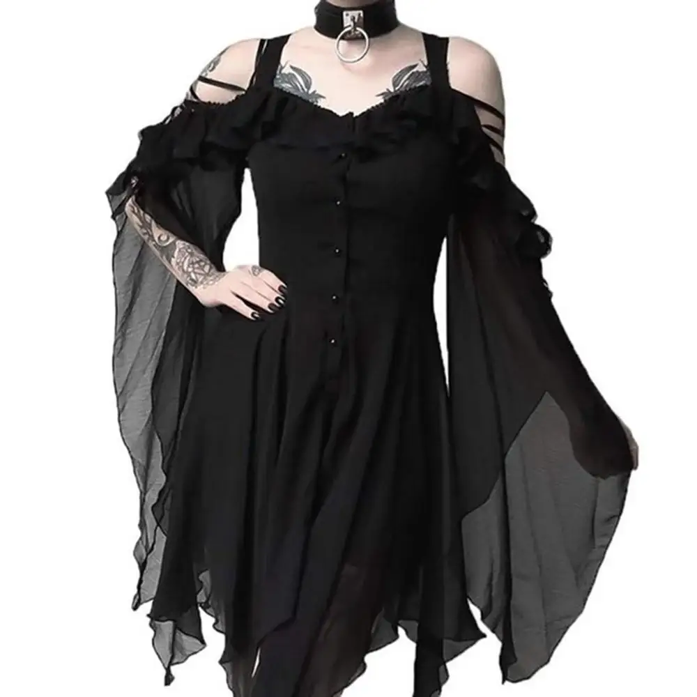 Платье женское темное в любви с рюшами и рукавами с открытыми плечами готическое миди платье готическое уличное панк платье для косплея Vestidos D723 - Цвет: Черный