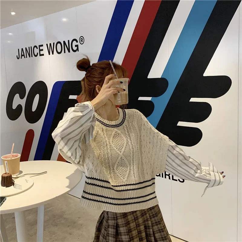 

2020 Winter Fashion Harajuku Knit Sweater Korean Woman Pullover Patchwork Contrast Color Cropped Weater Fake Two Jumper Tops