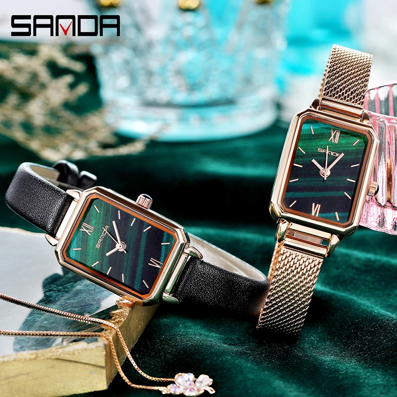 Rectangle Women Fashion Watches Elegant Ladies Quartz Wristwatches Luxury Brand Black Green Female Watch Leather Clock