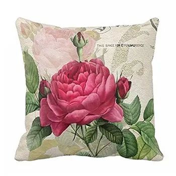 

Vintage Floral/Flower flax Decorative Throw Pillow Case Cushion Cover Home Sofa Decorative(Rose flower)