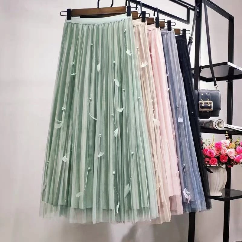 

Mesh Gold Velvet Skirt Autumn Winter Women New High Waist Beaded A-Line Pleated Long Skirt Velvet Mid-Length Skirts