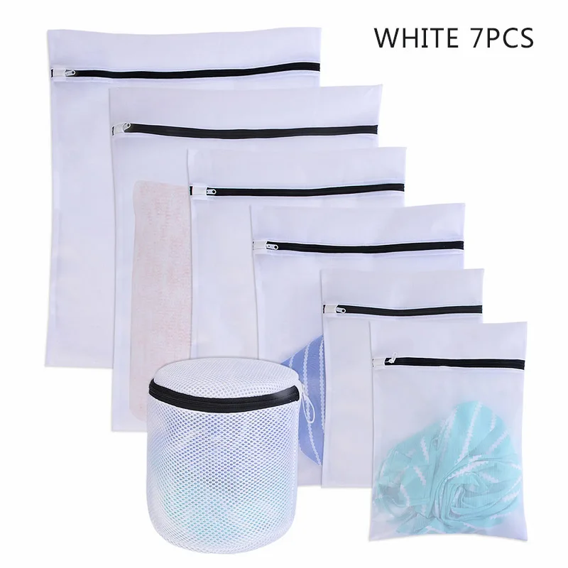 7pcs white Сетчатые мешки для стирки белья на молнии, складные, деликатные, нижнее белье, бюстгальтер, носки, нижнее белье, стиральная машина для стирки, защита одежды, сетка - Цвет: 7pcs white