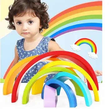 

Children wooden color sort rainbow blocks/ Kids 7 colors wood assemble geometric block learning shape math toy
