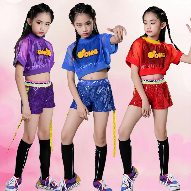 CHILDREN'S DAY Girls Jazz Costumes Children Hip Hop Jazz Set Navel Sequin Drum Kit Performance Wear Fashion yi xia