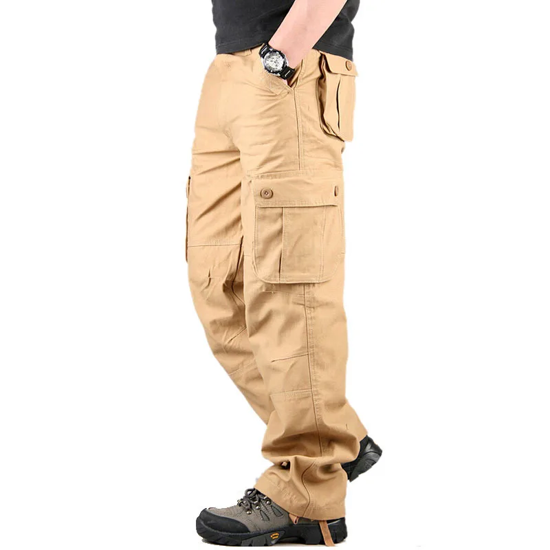 Для мужчин мужские брюки-карго Повседневное многокарманный военный Большие размеры мужские брюки, тактические; Верхняя одежда в армейском прямые брюки длинные брюки - Цвет: Хаки