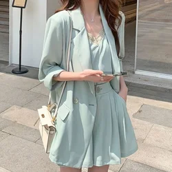 Conjunto con americana de 3 piezas para mujer, chaqueta con botones, camisola sin mangas y pantalones cortos de corte en A, trajes cortos s 3xl para mujer 2021