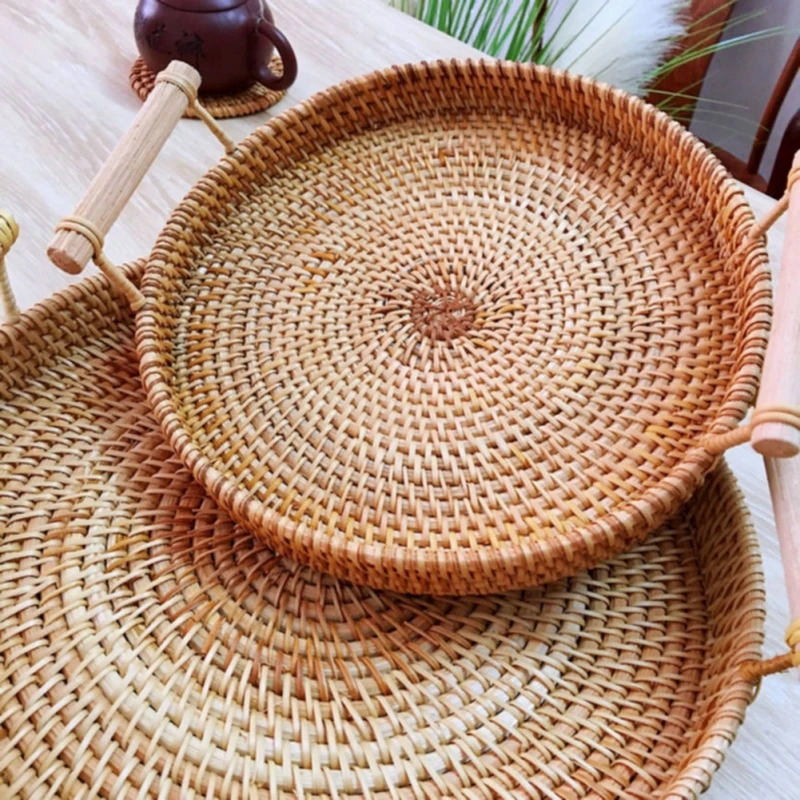 Wicker Storage Basket Rattan Tray Hand-Woven Round with Handle Bread Fruit Food Breakfast Display | Дом и сад