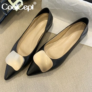 

CoolCept Women Genuine Leather Flats Shoes Pointed Toe Casual Slip On Solid Color Button Decoration Summer Shoes Size 33-40