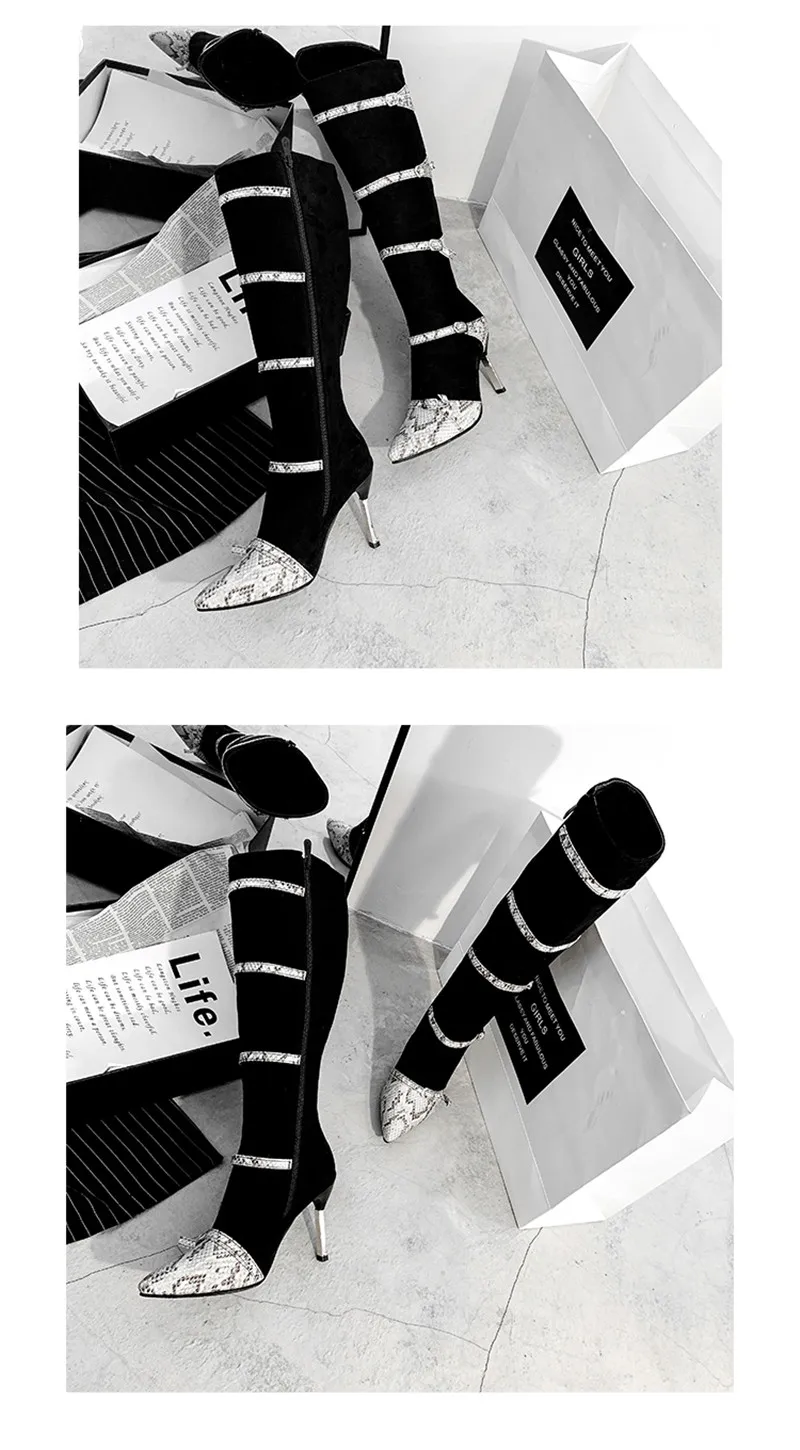European and American style wind pointed fine with color side zipper high boots female snake pattern sexy women's boots