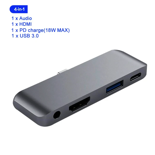 4-in-1 Gray GOOJODOQ USB C концентратор 60 Вт PD Зарядка для iPad Pro MacBook Air переключатель в HDMI USB 3,0 адаптер type-C телефон с разъемом для передачи данных для наушников - Цвет: 4-in-1 Gray