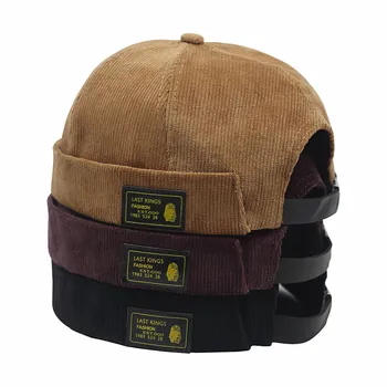 

Spring and Autumn Yuppie Solid Cotton Skullcap with Letter Embroidery Vintage Cap Hip Hop Hat Without Visor Folding Cuff Beanies