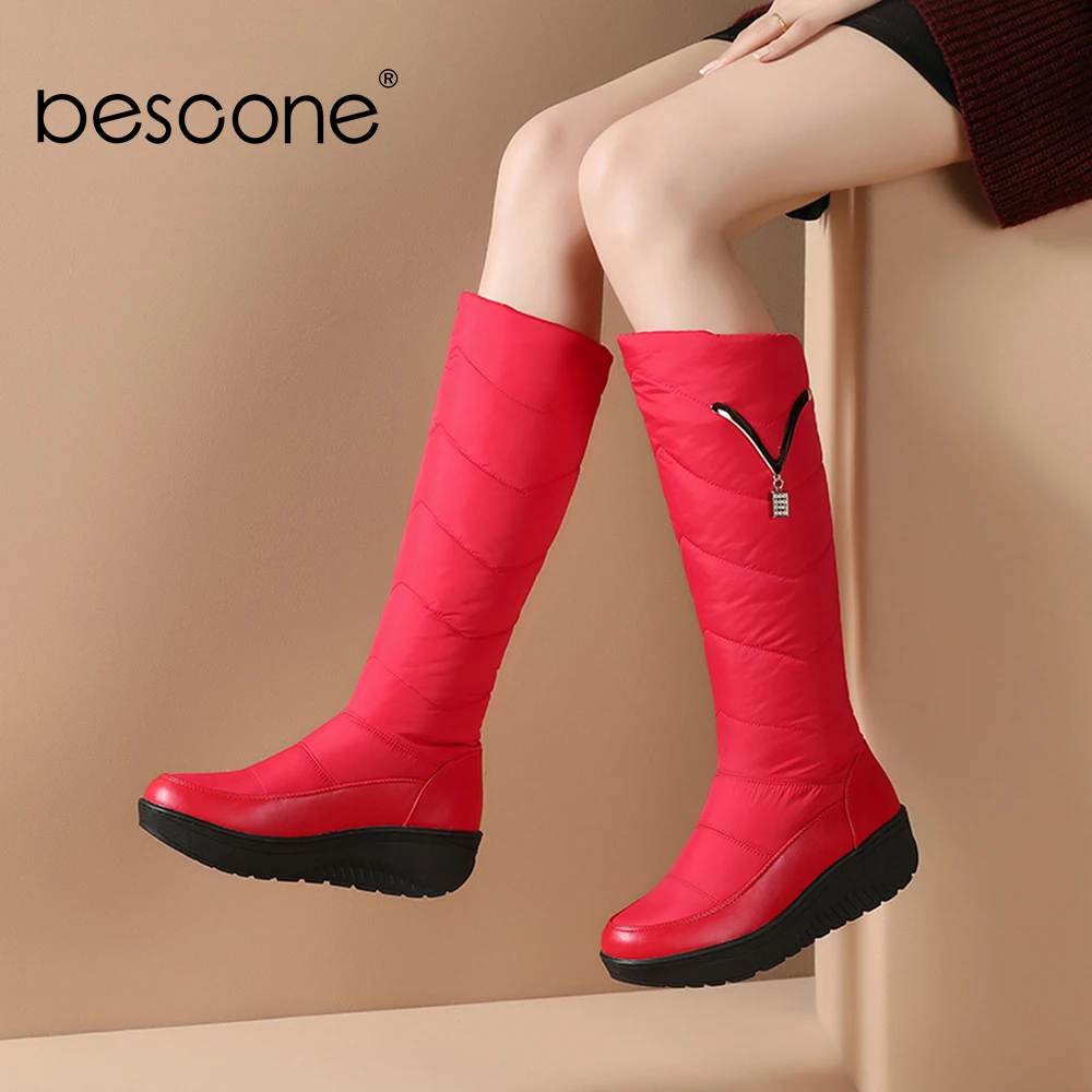 Женские сапоги с круглым носком BESCONE зимние теплые на среднем каблуке без