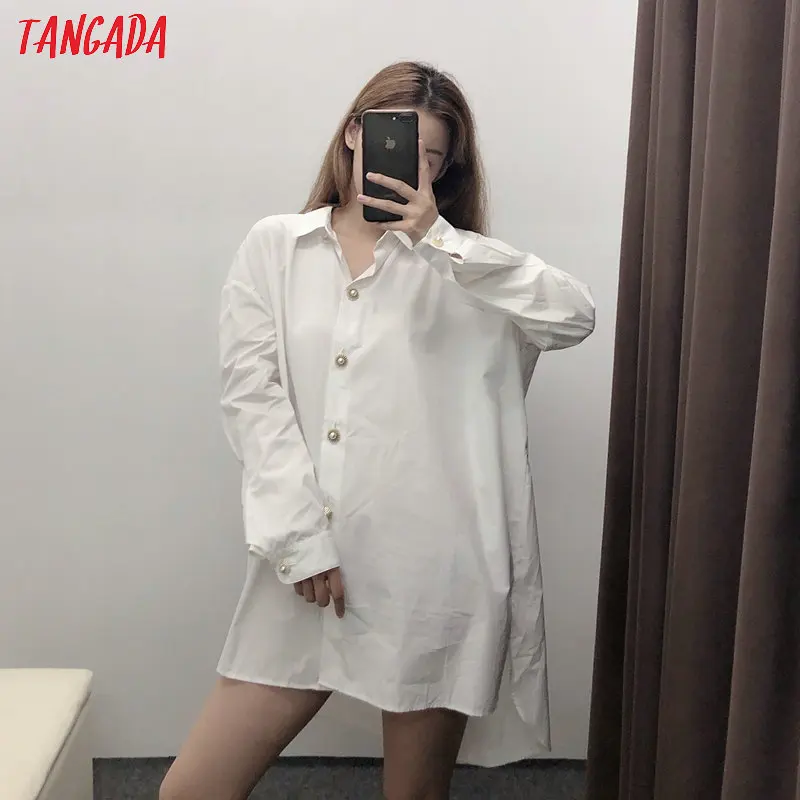 Tangada Женская белая блузка с бусинами и пуговицами, большие размеры, длинный рукав, шикарная винтажная Повседневная рубашка, blusas femininas BE110