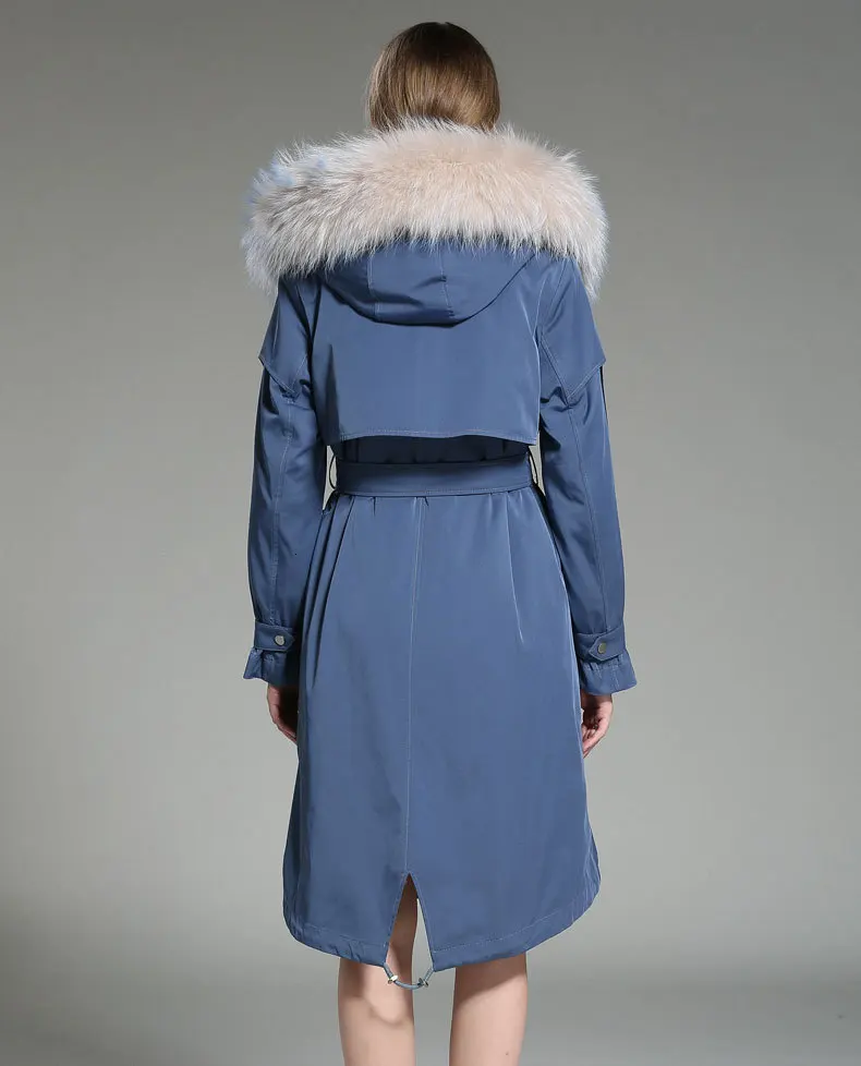 Новинка, зимняя женская куртка, длинная парка, пальто с натуральным мехом, большой воротник из меха енота, парка с капюшоном, толстый натуральный мех, синий, верхняя одежда с поясом