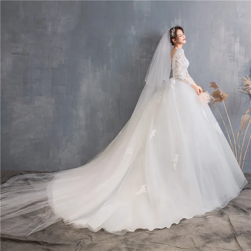 Элегантное простое кружевное свадебное платье со шлейфом 100 см, изящное свадебное платье с длинными рукавами и аппликацией, большие размеры, Vestido De Noiva, индивидуальное платье 30