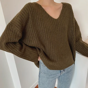 

Dunayskiy 2020 Autumn Winter Women Sweater V-Neck pullovers Minimalist Knitted Elegant Ladies Oversize Solid Color Tops SW2613