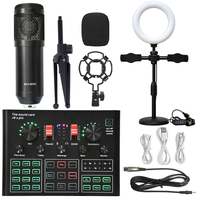 BM 800 Condenser Microphone Sound Card V9XPRO with Ring Fill Light Cantilever Bracket Bluetooth Wireless Live Streaming Kit MIC 