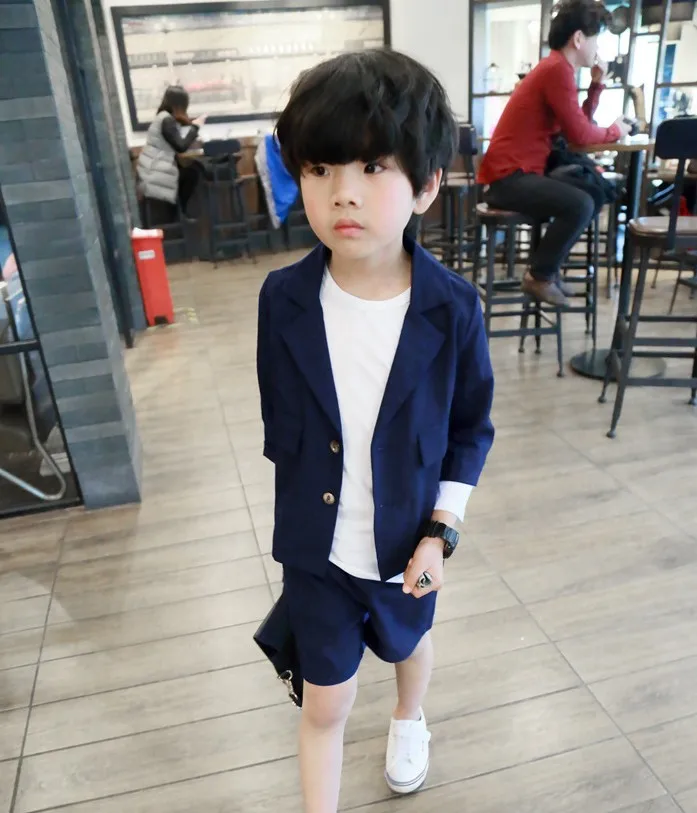 

2021 New Korea Boys Summer Jacket +Shorts 2Pcs Clothing Set Gentleman Kids Formal Blazer Wedding Suit Children Performance Dress