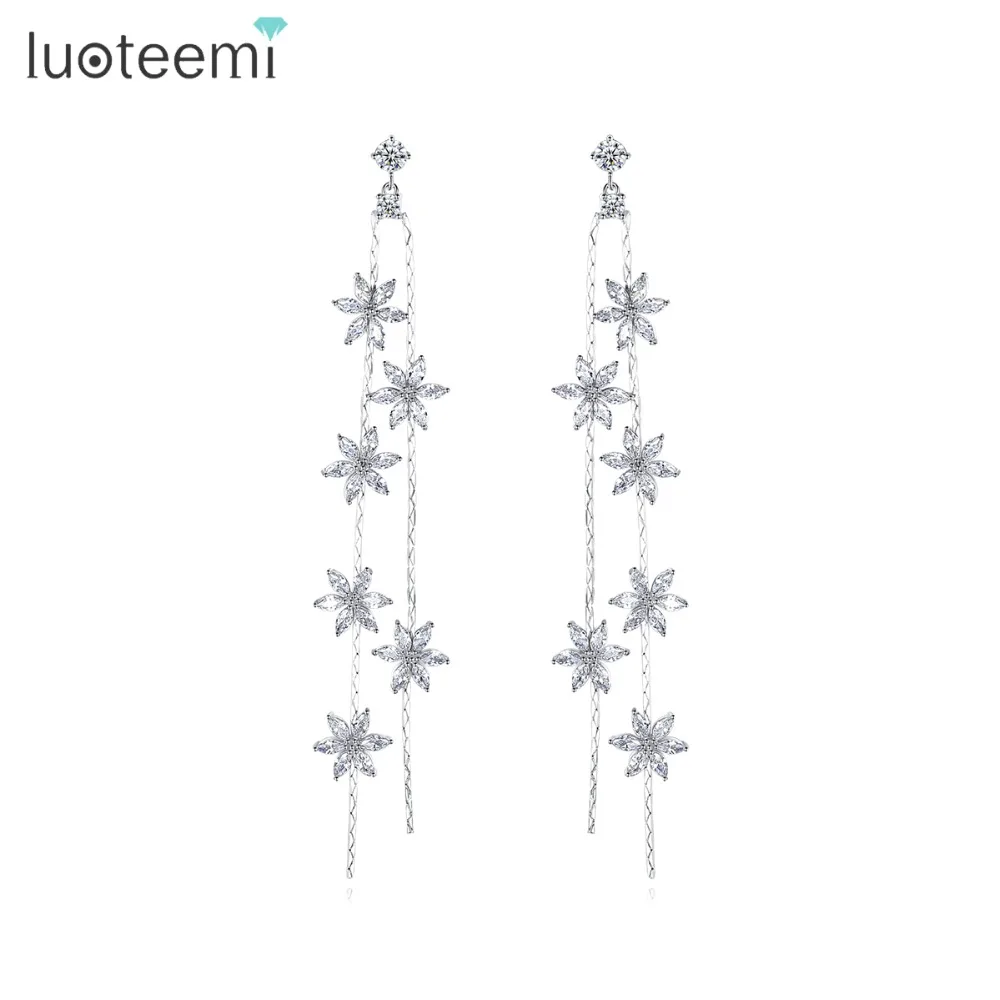 LUOTEEMI, новинка, длинные висячие серьги для женщин, вечерние, Роскошные, CZ, изысканные, в форме цветка, красочные ювелирные изделия, Kolczyk, рождественский подарок