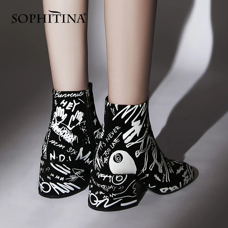 

SOPHITINA New Women's Ankle BootsFashion Graffiti Cow-Suede Handmade Zipper Boots Round Toe High Heel Lady Leisure Shoes SO699