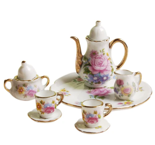 8PCS Flower Pattern Charms Dish Plate Tea Cup Set for 1/6 Scale Dollhouse House Miniature Pot Porcelain Ceramic Flower Print