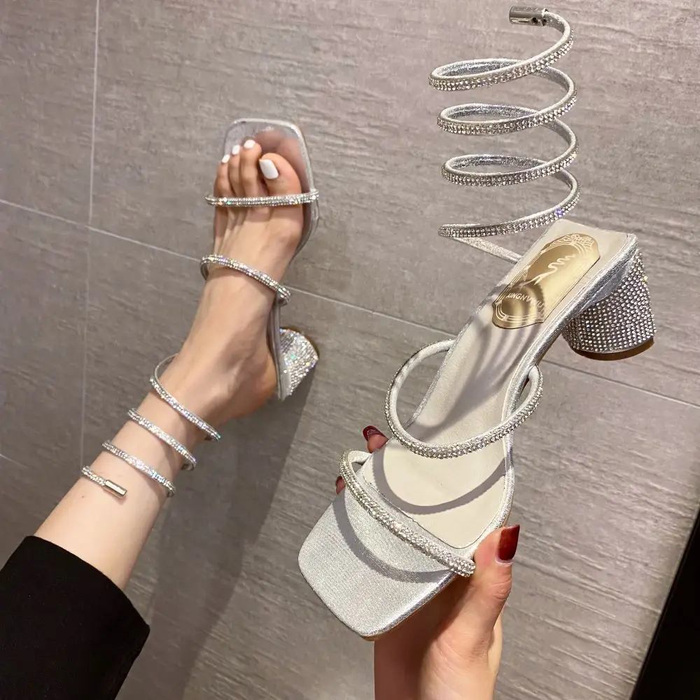 2022 Summer Women's Sandals Fashion Luxury Square Toe Club Rhinestone Snake Wrap High Heel Sandals Birthday Wedding Party Shoes 2