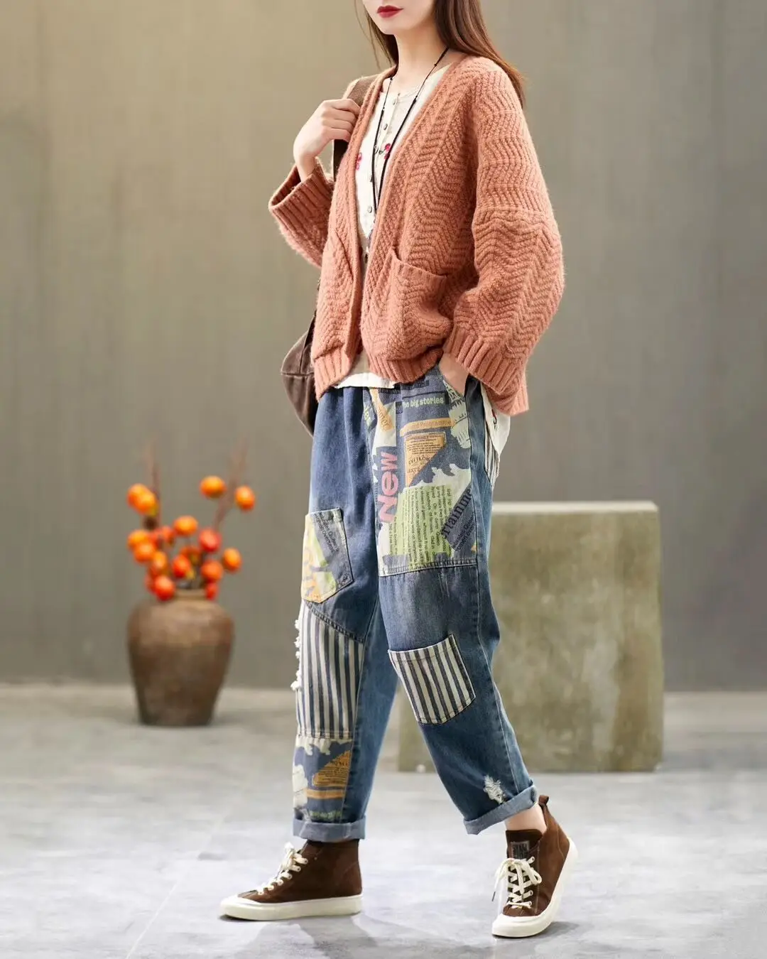 Runback Jean Femme, Лоскутные Джинсовые штаны, весна, Ретро стиль, эластичная талия, с принтом, в полоску, джинсы для женщин, мешковатые штаны, повседневные женские джинсы