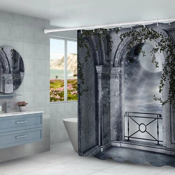 

Old castle door printing waterproof shower curtain partition curtain free punching factory direct sales