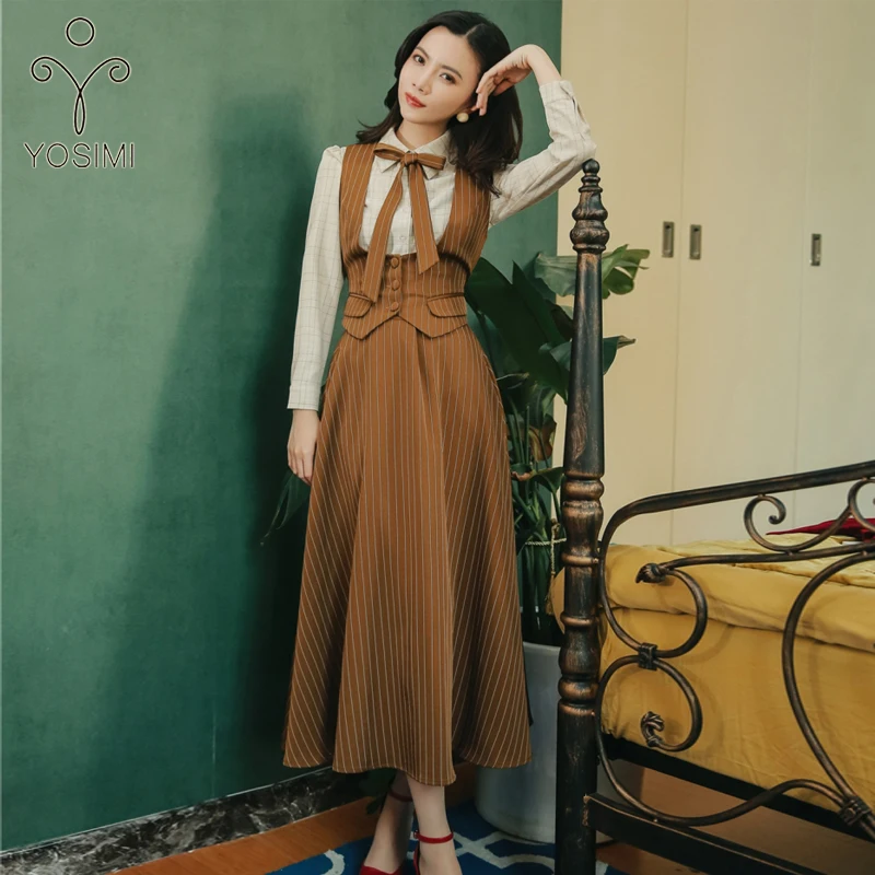 

YOSIMI 2019 Autumn Winter Plaid Full Sleeve Shirt Top and Striped Vest and Skirt Women 3 Piece Outfits Long Bandage Dress Bow